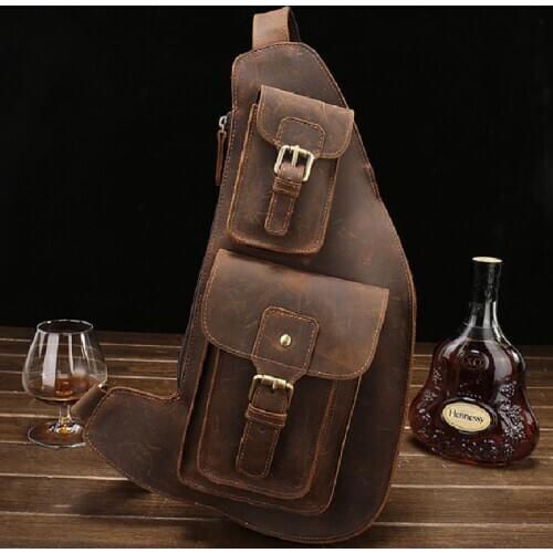 MAHEU Crazy Horse Leather Big Chest Bag Genuine Leather Sling Bag Mans Chest Pack Leather Crossbody Bags For Men Sports Riding