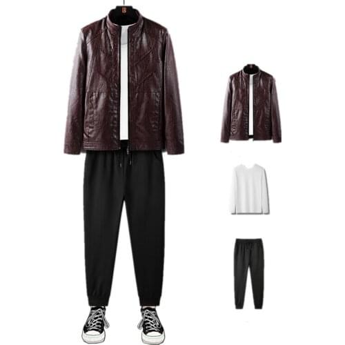 Mens 3 Piece Suits Bomber Faux Leather Jacket Stand Collar Jackets Thicken Warm Outwear Joggers Pants Crewneck Sweatshirt