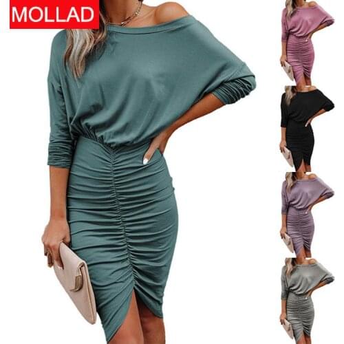 2021 Autumn and Winter New Womens Long-Sleeved Midi Dress Solid Color Sexy Oblique Shoulder Slim Fit Wrinkled Bag Hip Dress