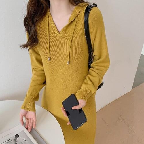 Autumn Winter Women Dress Hooded Knitted Midi Dresses Ladies Fahion Long Sleeve Loose Sweater Dress Female Vestidos 2021