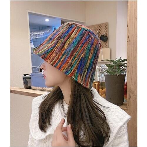 New Rainbow Colors Women Bucket Hats Winter Spring Lady Street Style Harajuku Print Outdoor Sunscreen Travel Vacation Cap Hats