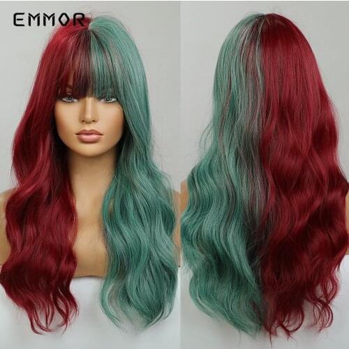 Emmor Cosplay Wigs One Half Green One Half Red Party Hair Wig for Women Natural Heat Resistant Fiber Lolita Wigs Halloween Wig