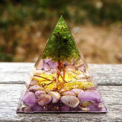 Handmade Orgonite Pyramid 60mm Tree of Life Peridot & Lepidolite Natural Cristal Stone Reiki Energy Healing Meditation Orgone