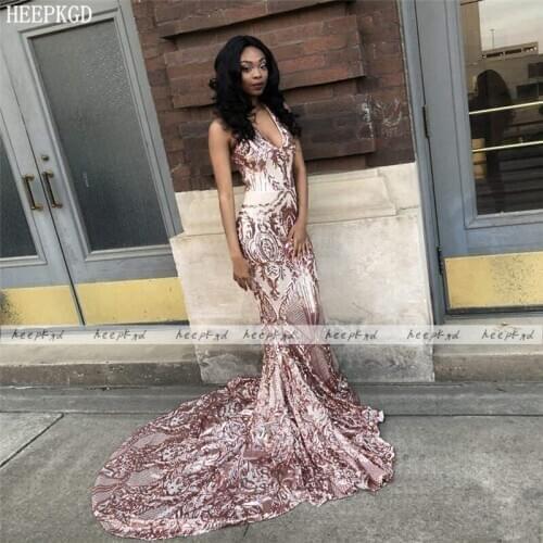 Rose Gold Sequin Mermaid African Evening Dress Backless Sweep Train Sexy Formal Dresses Plus Size Women Prom Gowns Pageant Dress