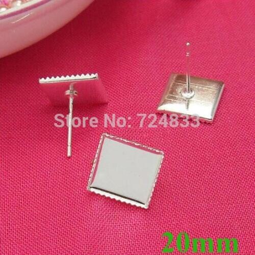 Blank Earrings Base 20mm Square Bezel Tray Glass Cabochon Brass Stud Earrings Post Settings Findings Silver tone Bulk Wholesale