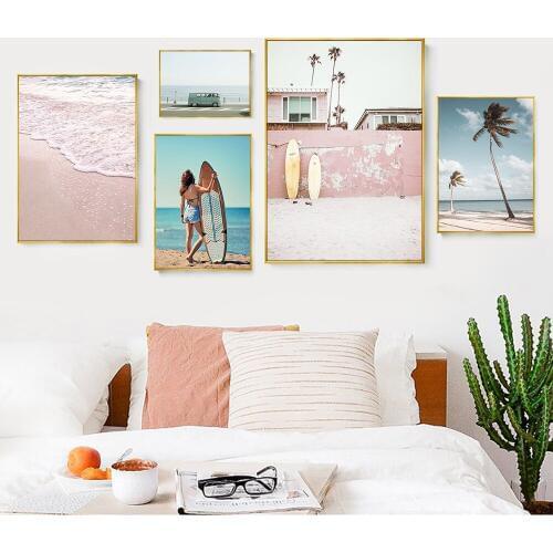 Pink Beach Surfing Canvas Prints Scandinavian Landscape Wall Poster Living Room Pictures Paintings