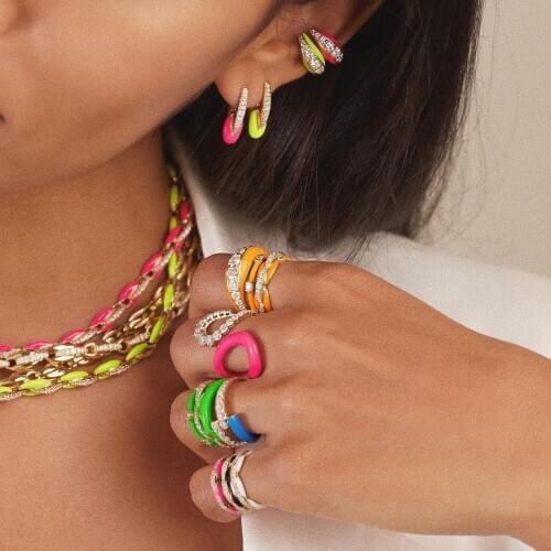 No Piercing Ear Cuff Pave White CZ Colorful Neon Enamel Geometric Rainbow Clip ON Earrings