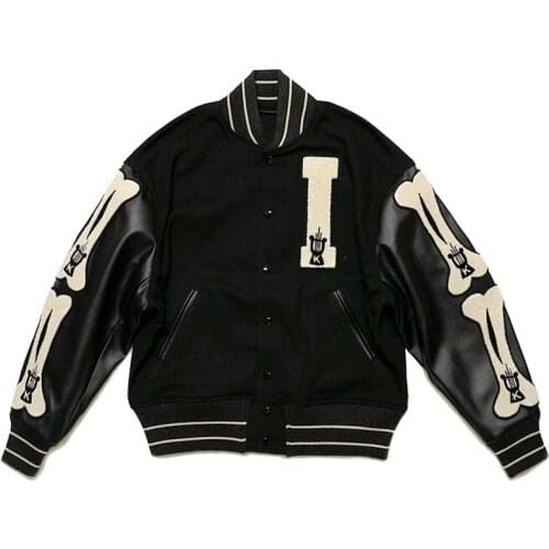 Streetwear Baseball Jackets Men Vintage Furry Bone Patchwork Leather Sleeves Harajuku College Varsity Bomber Jacket Coat Couples