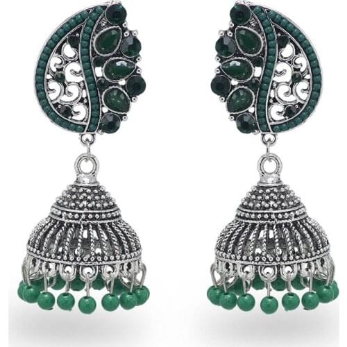 Vintage Silver Color Metal Dangle Earrings for Women Carved Flower Big Fan Green Blue Beads Ethnic Earring Indian Jewelry brinco