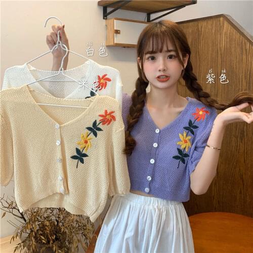 Woman TShirts Summer Embroidered Flower Sweater V-neck Cardigan Womens Short-Sleeved Top Crop Top Mujer Camisetas
