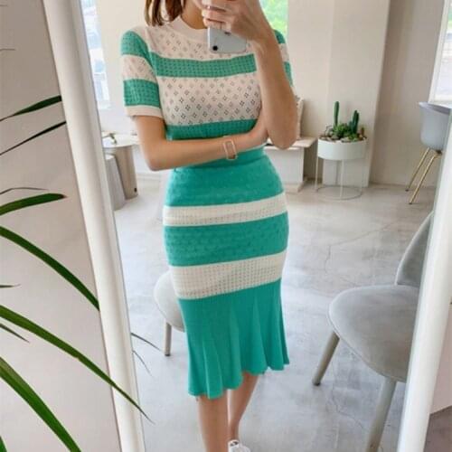 2020 Summer Women Runway Fashion 2pcs Skirt Suits Ruffle Hem Slim Knitting Blouses Tops +Mermaid SKirt Sets Women Two Piece Set