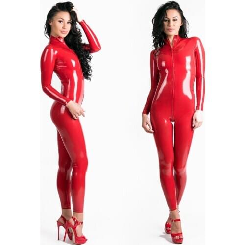 S-5XL Woman Leotard Patent Leather Zip Catsuit Shiny Leather Long Sleeve Wet Look Bodysuit Shiny PVC Bodycon One Piece Jumpsuit
