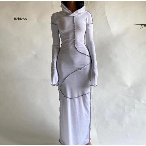 Spring Hooded Patchwork Womens Long Dresses Split Long Flare Sleeve Skinny Female Dress 2021 Trend Solid Casual Lady Vestidos