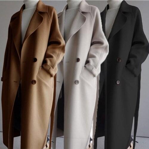 Long Woolen Camel Coat Women Korean Elegant Double Breasted Womens Coat Vintage Coats Winter Warm Black Blazer Wool Jacket