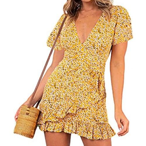 Women Print Short Sleeve Wrap Front V Neck Lacing Ruffle Hem Mini Dress for Date