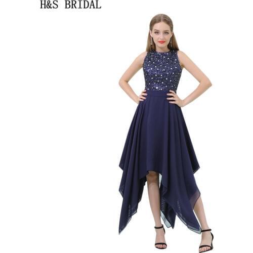 H&S BRIDAL Ankle-Length Navy Blue short party evening dresses Chiffon Evening Gown Crystal evening party robe de mariee