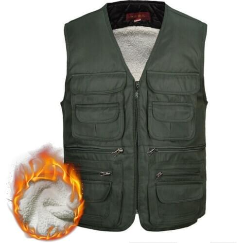 10 Pockets Warm Fleece Vest Multi Pockets Men Winter Thick Loose Sleeveless Jacket Male Photography Waistcoat Vest Big Size