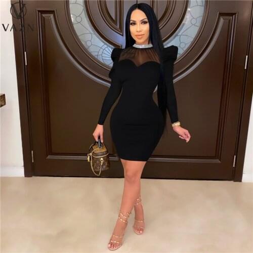 VAZN 2020 Formal Solid Black Color Full Sleeve Simple Casual Mini Dresses Evening Gown Women Elegant Sexy Dress