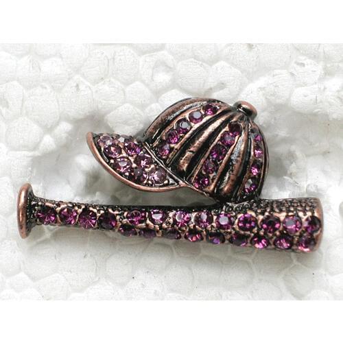 Antique Copper Baseball Brooch Purple Rhinestone Pin brooches C352 D3