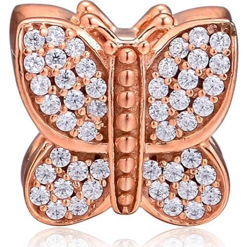 Fits for Pandora Charms Bracelet 925 Sterling Silver Jewelry Sparkling Butterfly Rose Beads Free Shipping