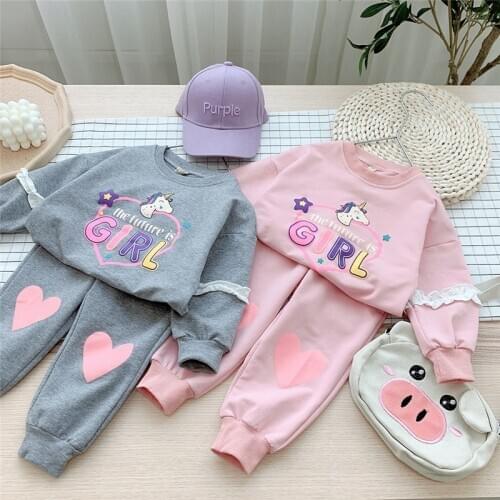 2 3 4 5 6 7 Years Toddler Girls Clothing Sets Cartoon Unicorn Hoodie Pants 2pcs Casual Letters Kids Tracksuit Spring Autumn New