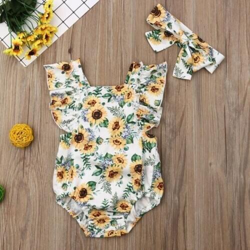 Newborn Baby Girl Clothes Princess Sunflower Jumpsuit Romper+Headband Outfits Cartoon Ruffle Cotton Rompers