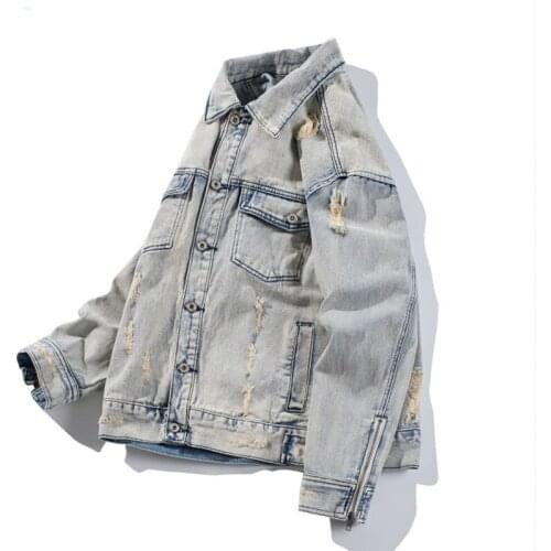 Washed Retro Tooling Denim Jacket Mens Korean Version of The Distressed Hole Large Size Loose Tide Brand Denim Jacket Male