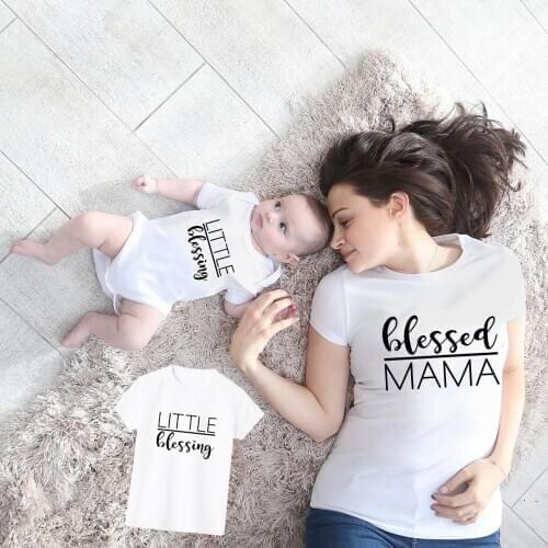 Blessed Mama Little Blessing Mommy and Me T Shirts Summer Short Sleeve Family Matching Mother Daughter Son Outfit Clothes Tee