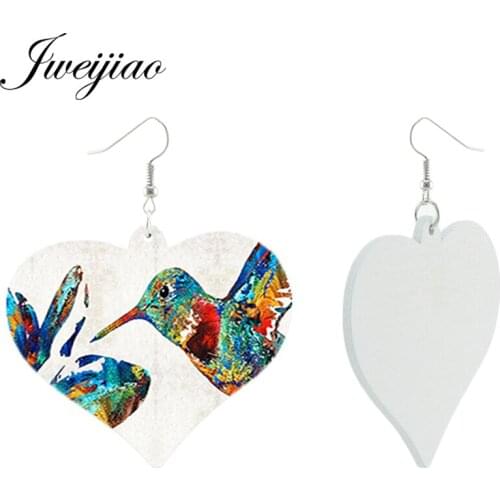 JWEIJIAO Spring Bird Peacock Photo Earrings Heart Shaped Pendant Wooden Chip Fashion Earrings Handmade Women Jewelry BD30