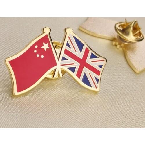 China and United Kingdom Crossed Double Friendship Flags Lapel Pins