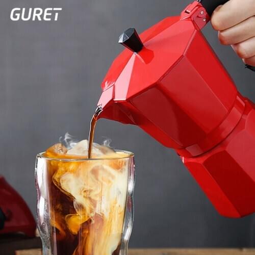 GURET Coffee Maker Pot Aluminum Mocha Espresso Percolator Pot Coffee Kettle Cafetera Home Outdoor Stovetop Cafe Tools Red