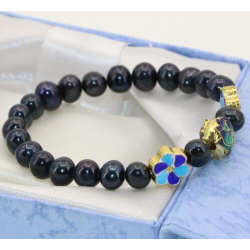 7.5inch Top quality gold-color cloisonne spacers natural 7-8mm freshwater cultured pearl round beads bracelets diy jewelryB2801