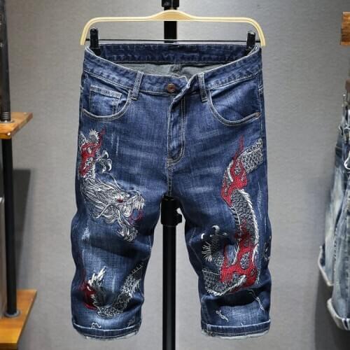Summer Mens Jeans Knee Length Casual Style Embroidery Dragon Straight Blue J56