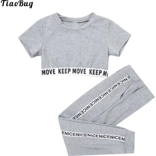 TiaoBug Summer Girls 2Pcs Yoga Sport Suits Letter Printed Short Sleeves Crop Top Leggings Sets For Running Fitness Gym Hiking