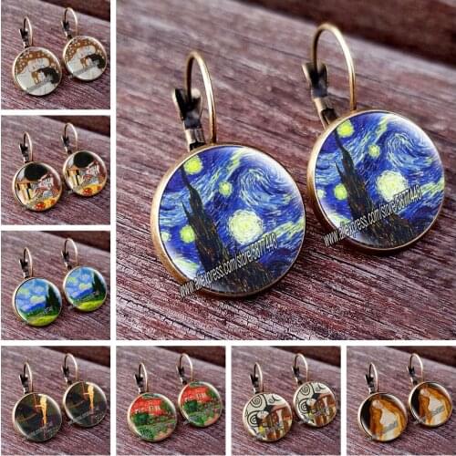 Fashion Bronze Color Simple Style Earings Van Gogh Famous Artist Starry Night Stud Earrings Glass Cabochon Jewelry Women Gifts
