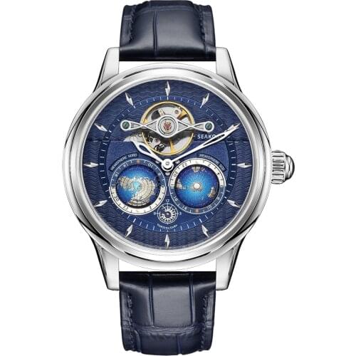 Top Brand SEAKOSS Mens 3D Earth Mechanical Wristwatches Luxury Auto-Rotation Globe Earth Clock 1963 Pilots Chronograph Watches