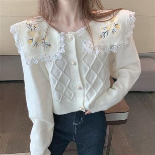 Spring Winter Womens Cardigan Japanese Style Big Turn Down Collar Knitted Cardigan Loose Short Flowers Sweater Coats
