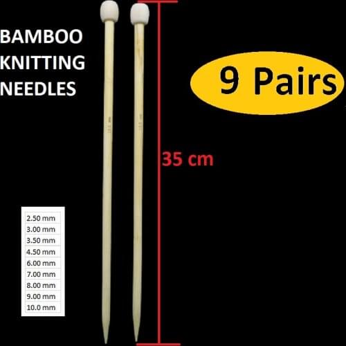 Bamboo Knitting Needles Set 9 Pairs 35cm Straight No: 2.5 mm to 10mm DIY Handle Yarn Weaving Craft Tools Hook
