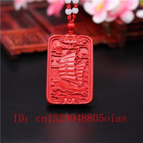 Natural Red Organic Chinese Cinnabar Sailboat Pendant Necklace Fashion Charm Jewellery Carved Amulet Gifts for Women Men