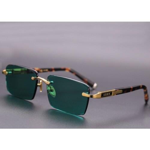Acetate Frame + Natural Crystal Stone Green Lens Sunglasses Woman Brand Vintage Glass Rimless Sun Glasses Men Anti Scratch