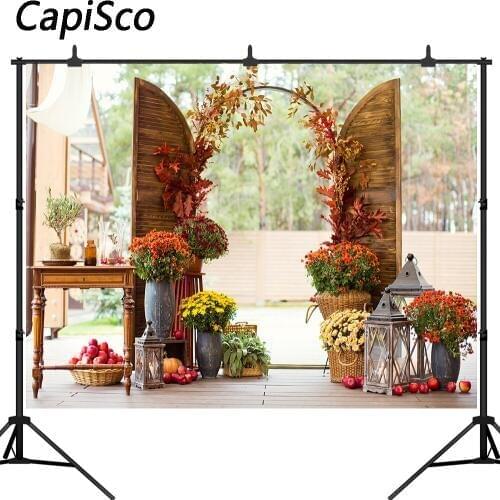 Capisco Photography Backdrop Autumn Pumpkin Fall Flowers Wood Door Background Newborn Birthday Halloween wedding party Photocall