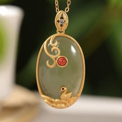 Independent design inlaid zircon natural Hetian jade oval duck necklace pendant national style classical ladies silver jewelry