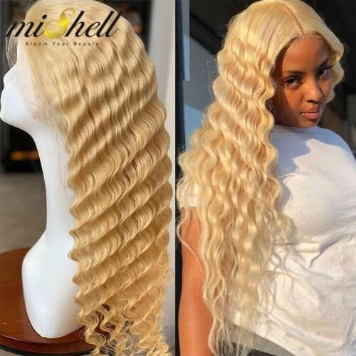 Mishell 13x4 13x6 T Part 613 Honey Blonde Brazilian Wig Deep Water Wave Lace Front Human Hair Wigs Kinky Curly HD Transparent