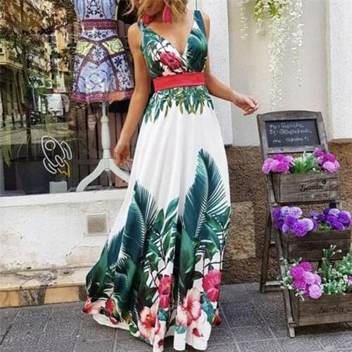 Vintage Floral Print Boho Dress Women V Neck Sexy Beach Maxi Summer Dress Vestidos Sleeveless Elegant Party Long Dress