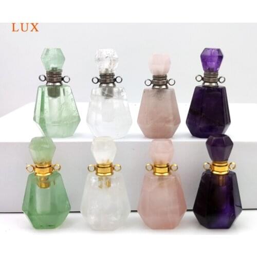 Natural Stone Perfume Bottle Pendants Crystal Amethyst Fluorite Essential Oil Diffuser Purple Stone Gold Silver Jewelry Chakra