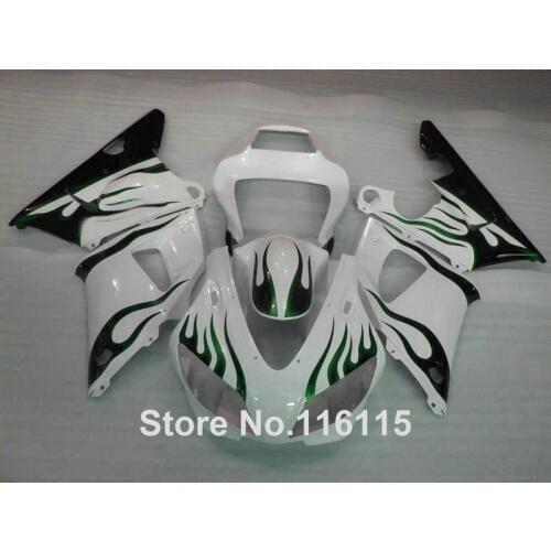 Full injection fairing kit fit for YAMAHA R1 1998 1999 YZF R1 green flames in white ABS fairings set YZF-R1 98 99 1258