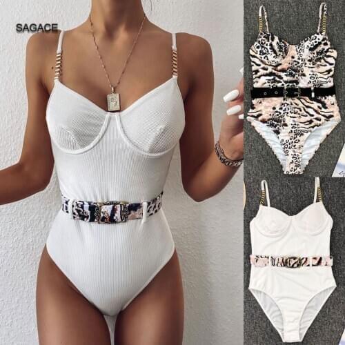 SAGACE Vintage One Piece Swimsuits Swimwear Women white Ribbed Swim Wear 2020 New Push Up Bathing Suit Belted Beach Bathers A63