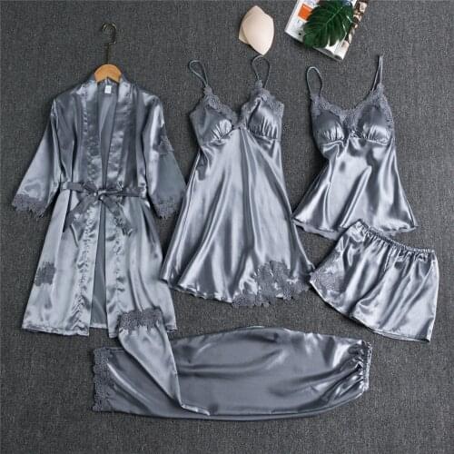 Sexy Nightgown Satin Sleepwear Kimono Bathrobe Gown 5PCS Sleep Set Female LACE Pajamas Suit Nightwear Loose Intimate Lingerie