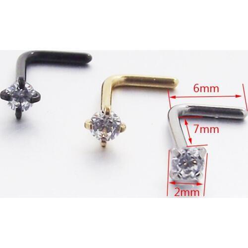 2 Pieces Stainless Steel Gold Round Zircon Nose Stud Ring L Shape Nose Rings Tragus Earring Body Piercing Jewelry
