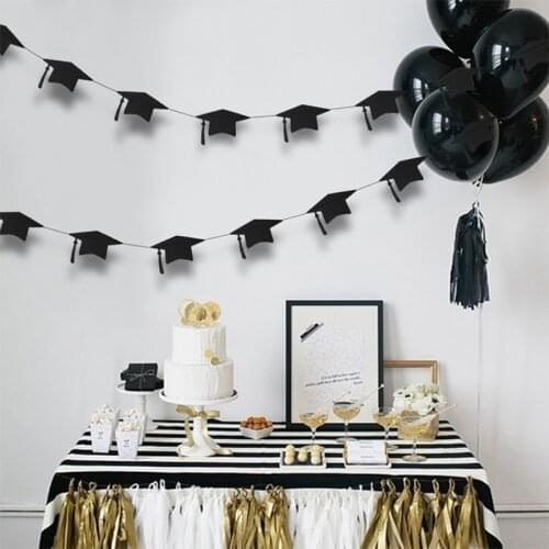 Black Gold Graduation Bachelor Hat Banner Paper Cap Garlands for School Celebrations 2021 Graduation Balloons Party Decorations